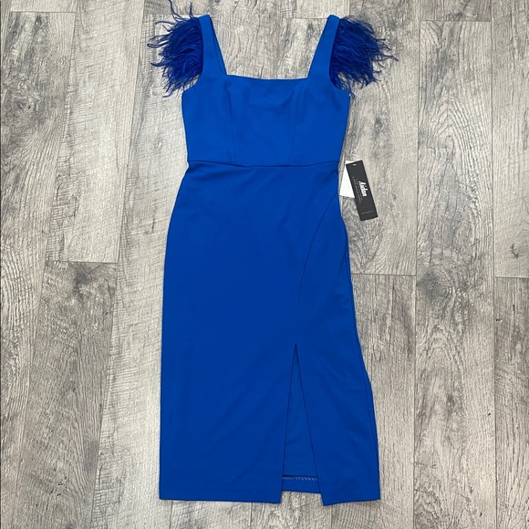 AidanAdrianna Papell Royal Blue knit crepe Midi Dress with Feather Accents - Picture 3 of 7